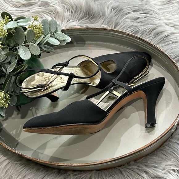 VTG Salvatore Ferragamo Women's Black Nylon Strappy Heels Size 8.5 Made In Italy - Picture 7 of 13